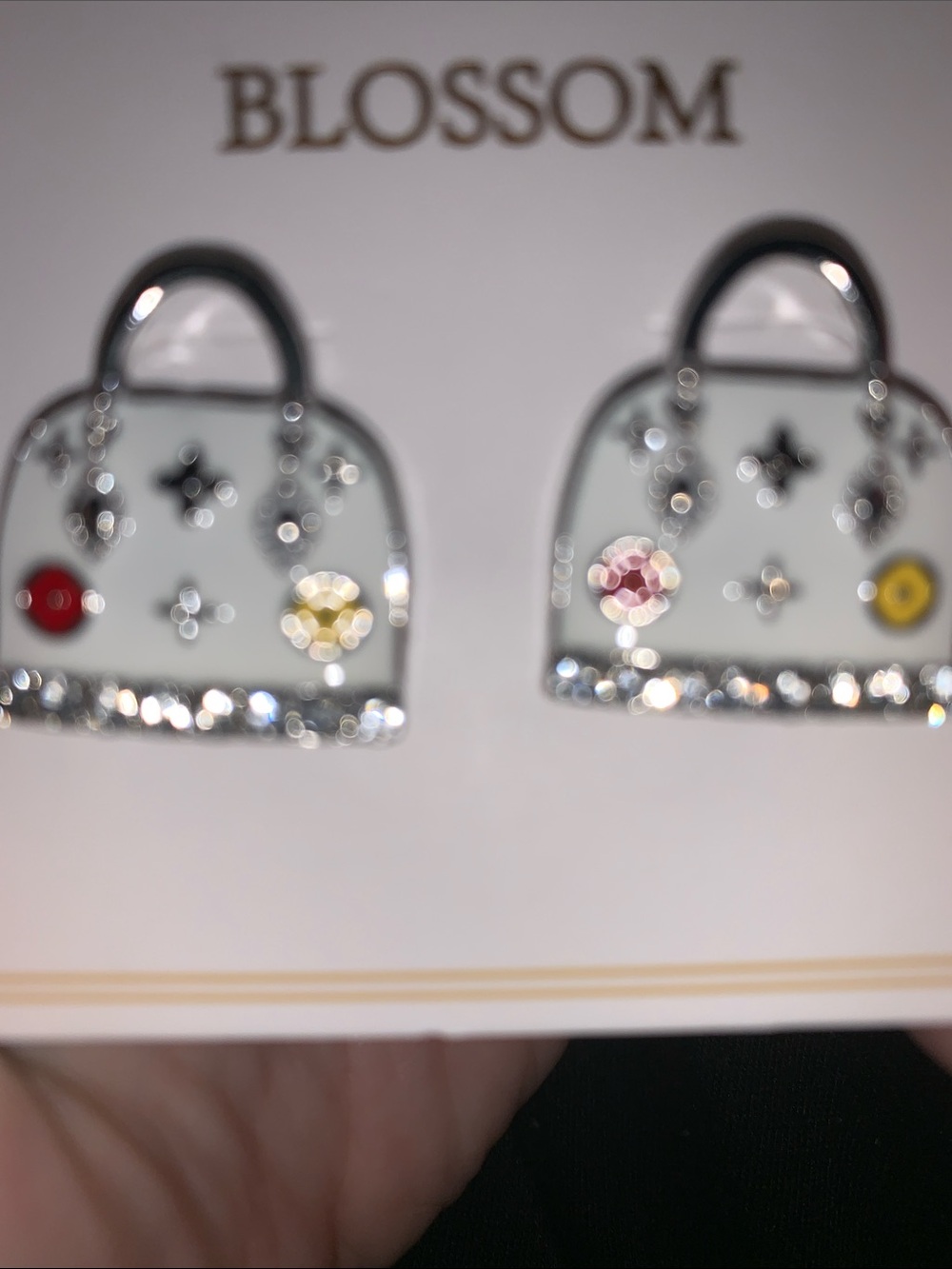 Blossom White Enamel Handbag Earrings with Rhinestones - Picture 3 of 4